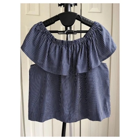 Madewell Navy Blue Silk Satin Balcony Off the Shoulder Top Blouse Ruffle, Size S - Picture 2 of 11